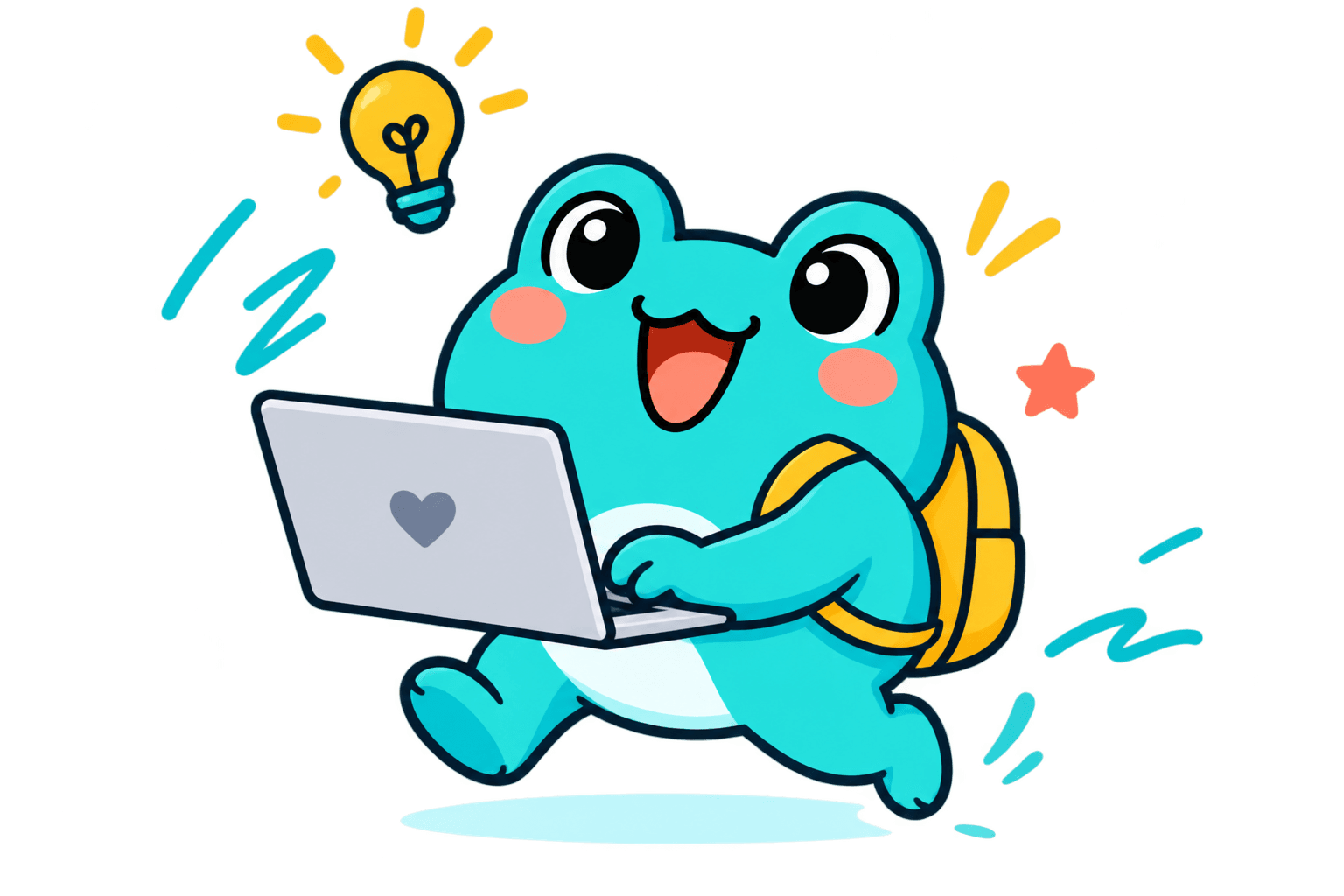 Leapfolio's mascot walking with a laptop, ready to build