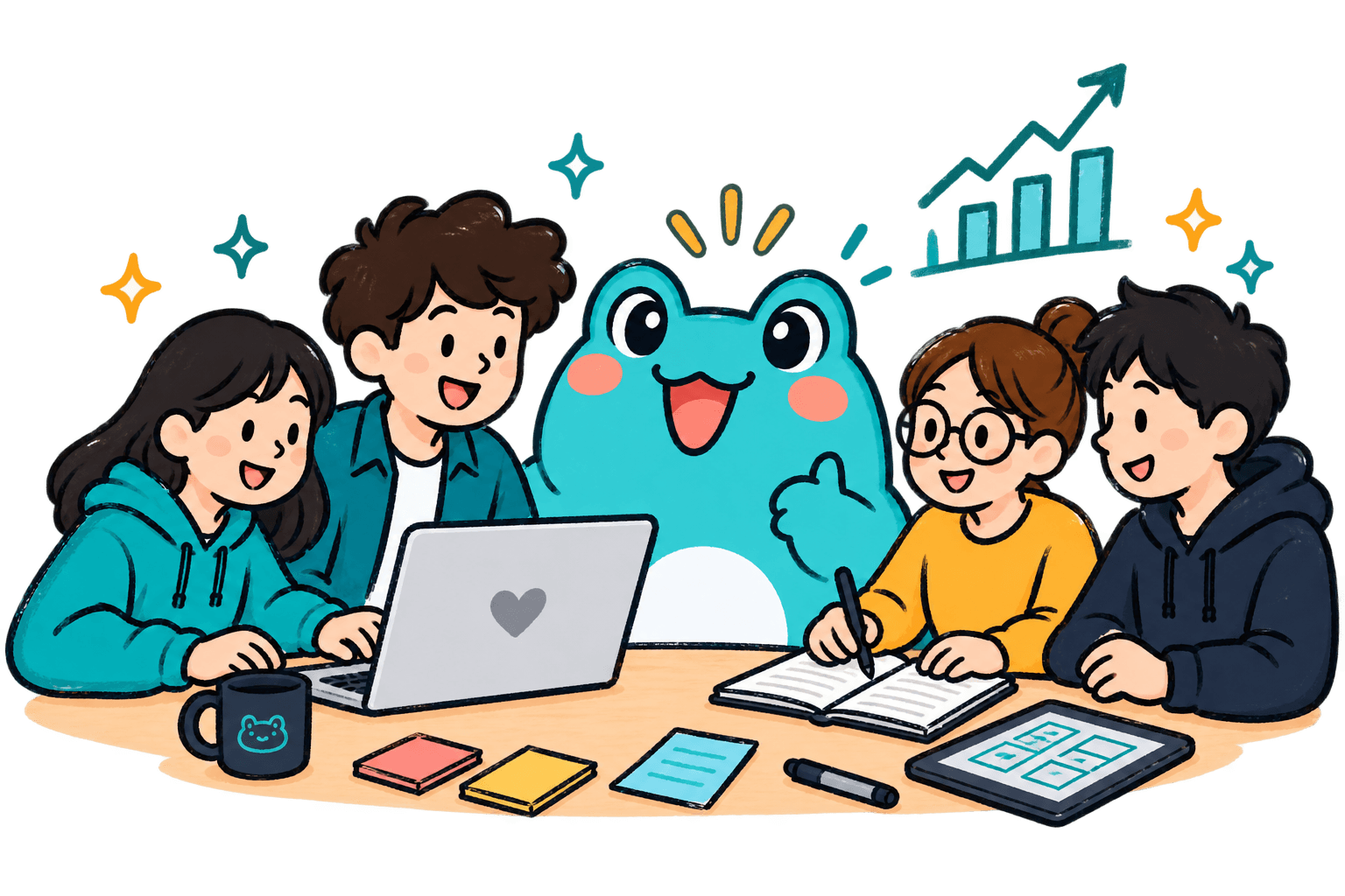 A team of students and Leapfolio's mascot collaborating around a laptop